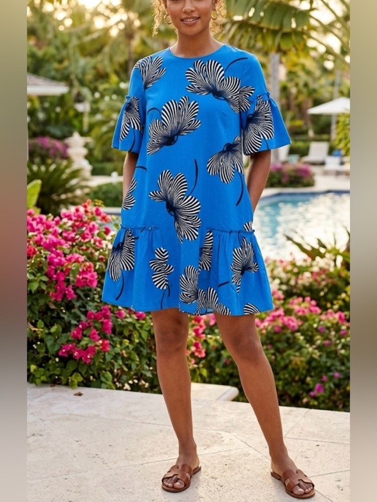 Ann Taylor Dresses & Skirts - Ann Taylor Factory Blue Poppy Floral Drop Waist Flounce Shift Dress Size 2